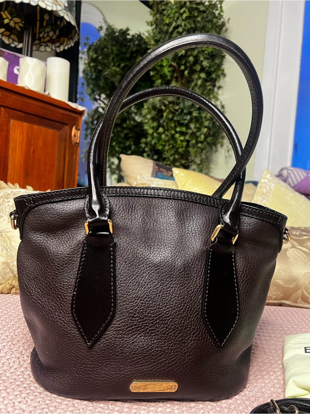 Burberry Brown Pebbled Leather Black Trim Satchel Crossbody Bag COA